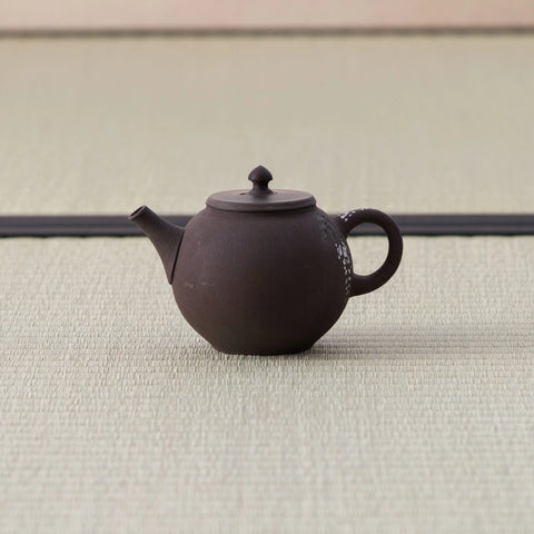 Purple-brown kyusu teapot with a loop handle and lid, side view on a tatami mat.
