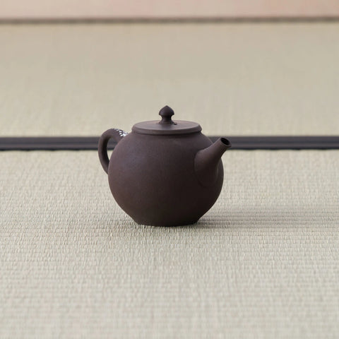 Purple-brown kyusu teapot with a loop handle and lid, side view on a tatami mat.