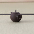 Small purple-brown kyusu with a loop handle, wisteria inlay and lid, side view on a tatami mat.