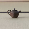 Dark brown wood-fired kyusu with a loop handle, textured body and lid, side view on a tatami mat.