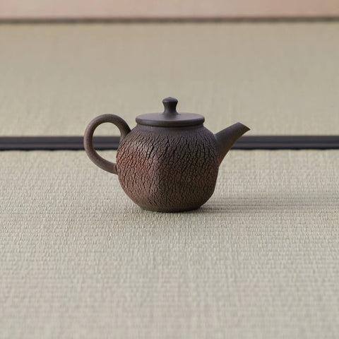 Dark brown wood-fired kyusu with a loop handle, textured body and lid, side view on a tatami mat.