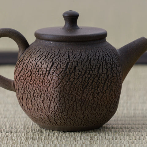 Large brown wood-fired kyusu with a loop handle, cracked texture and lid, close side view.