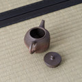 Purple-brown kyusu with its lid removed to show the mesh strainer, angled view on a tatami mat.