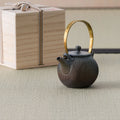Dark wood-fired teapot with an arched brass bail handle beside a wooden box, on a tatami mat.