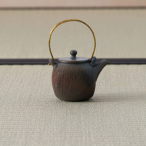 Dark wood-fired teapot with an arched brass bail handle and textured body, side view.