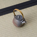 Dark wood-fired teapot with an arched brass bail handle and lid, angled view on a tatami mat.