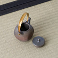 Dark wood-fired teapot with an arched brass bail handle, lid removed to show the mesh strainer.