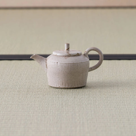 Speckled beige kyusu teapot with a loop handle, side view on a tatami mat.