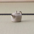Speckled stoneware kyusu teapot, side view showing the spout, on a tatami mat.