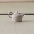 Speckled stoneware kyusu teapot with a loop handle and lid, side view on a tatami mat.