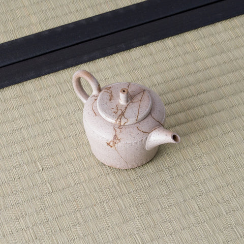 Speckled beige kyusu teapot with a loop handle and spout, three-quarter view on a tatami mat.