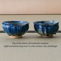 Two handmade blue glazed ceramic bowls with a textured, hand-painted finish and small footed bases, displayed on a textured tatami surface with a text overlay explaining variations in handmade ceramics.