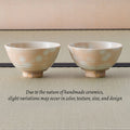 Two spotted peach-toned chawan side by side, with a note that handmade ceramics vary in color, texture, size, and design.