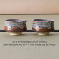 Two Nezumi Shino chawan side by side, with a note that handmade ceramics vary slightly.