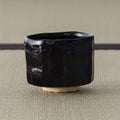 Oharagi Seto-guro matcha bowl, front view from another angle on tatami