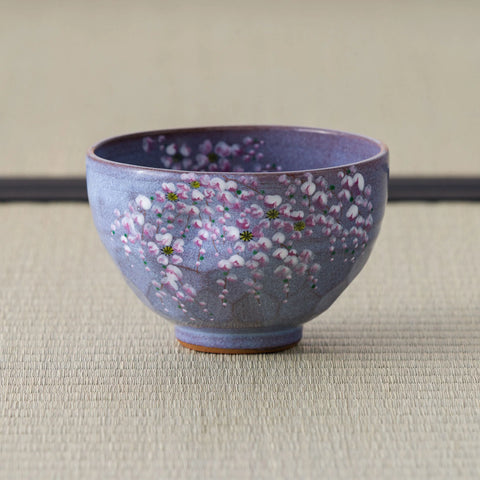 Purple Weeping Sakura Chawan on tatami, decorated with cascading pink and white cherry blossom
