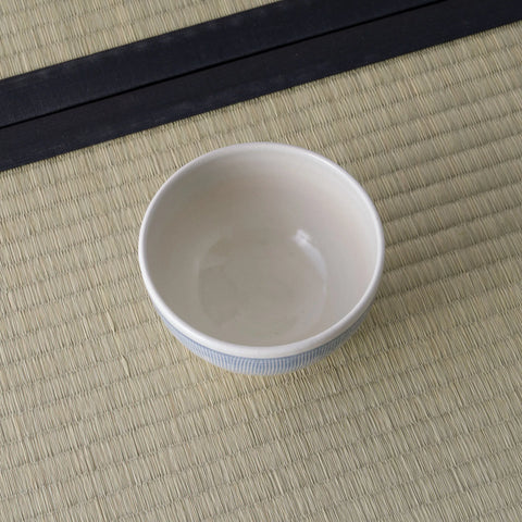 White bowl with a pale blue striped rim, viewed from above.