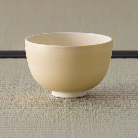 Plain cream-beige tea bowl, side view on a tatami mat.