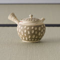 Front view of the polka-dot kyusu showing the lid and knob