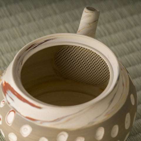 Close-up into the kyusu interior showing the built-in metal mesh strainer at the spout