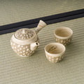 Beige stoneware tea set with white polka-dot decoration — a side-handle kyusu with two matching cups on tatami