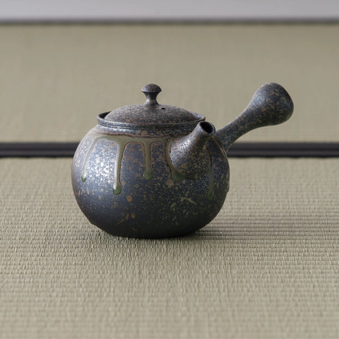 Side view of the metallic-grey kyusu showing the hollow side handle and inscribed decoration