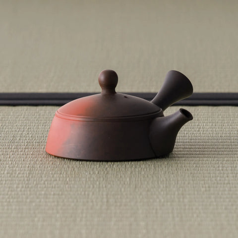 Side view of the two-tone tokoname kyusu with the spout to the right