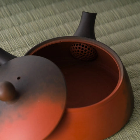 Close-up into the kyusu interior with the lid set ajar, showing the reddish clay inside