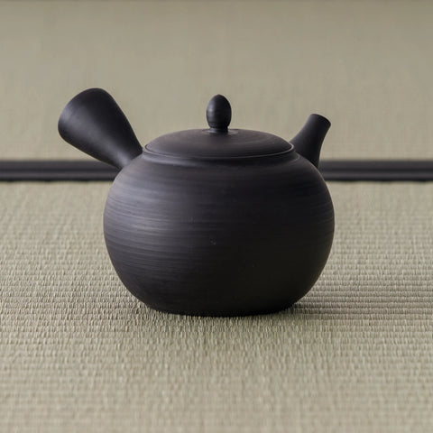 Side view of the black tokoname kyusu with the hollow side handle at left