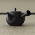 Black clay kyusu with the spout angled toward the viewer