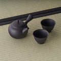 Black unglazed tokoname-style tea set — a side-handle kyusu teapot with two matching cups, arranged on tatami
