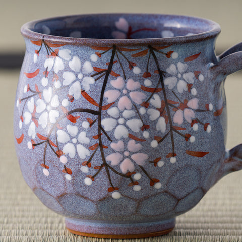 Purple Weeping Sakura Mug - closeup of the hand-painted weeping cherry blossoms on the front