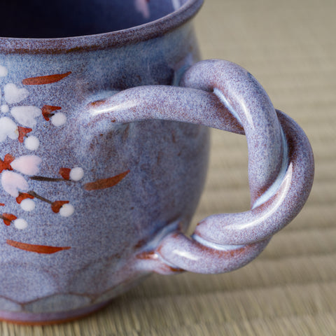 Purple Weeping Sakura Mug - closeup of the twisting vine handle