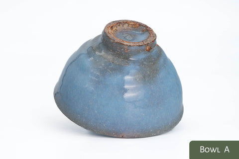 Milky Blue Hagi-yaki Ido Chawan - angled view showing the tall bamboo-node foot