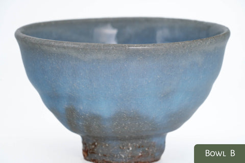 Milky Blue Hagi-yaki Ido Chawan - angled side view of the bowl