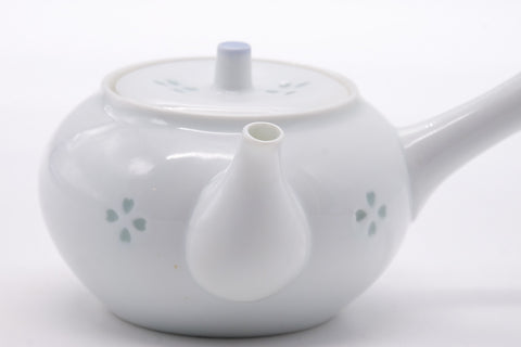 Three-quarter view of the kyusu with lid on, spout and handle visible.