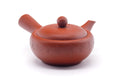 Front view of the red shudei Tokoname kyusu teapot with side handle