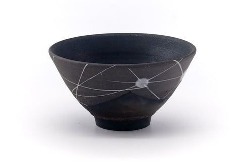 Japanese Matcha Bowl - Abstract Geometric Black Stoneware Chawan - 400ml