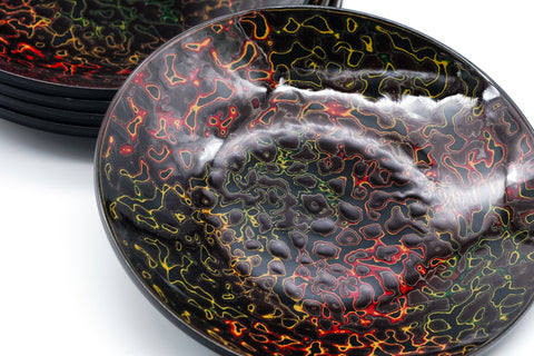 Japanese Chataku - Set of 5 Green-Red Kara-nuri Lacquer Tea Saucers