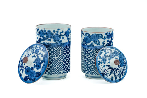 Japanese Teacups - Pair of Blue Arita-yaki Lidded Meoto Yunomi