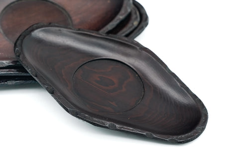 Japanese Chataku - Set of 5 Diamond Carved Wooden Antique Tea Saucers