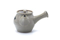 Three-quarter view of the grey kyusu showing the domed lid and knob above the fruit-painted body.