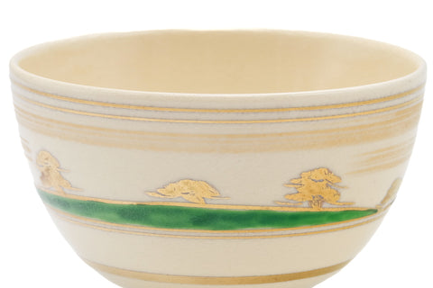 Japanese Matcha Bowl - Gold Green Landscape Kyo Chawan - 300ml