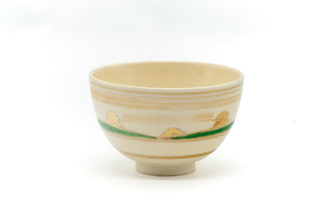 Japanese Matcha Bowl - Gold Green Landscape Kyo Chawan - 300ml