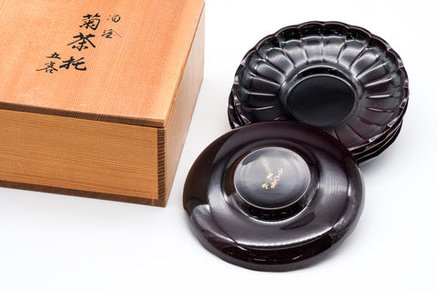 Japanese Chataku - Set of 5 Flower Petal Lacquer Tea Saucers