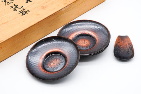 Japanese Chataku - Set of 5 Unique Metal Tea Saucers and Scoop in Wooden Box