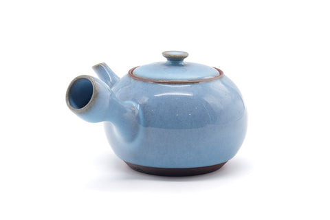 Back-side view of the pale blue glazed kyusu.