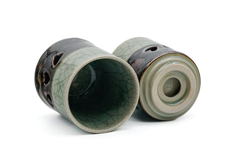 Japanese Teacups - Pair of Obori Soma-yaki Double-Walled Meoto Yunomi