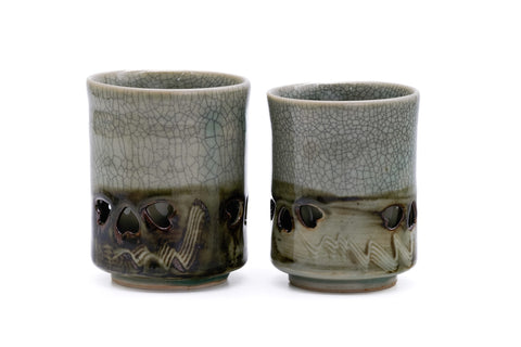 Double-walled Obori Soma-yaki Celadon Teacup Pair