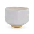 Shiro Raku Chawan - front view of the white raku bowl with a waisted hantsutsu-gata shape and unglazed clay foot
